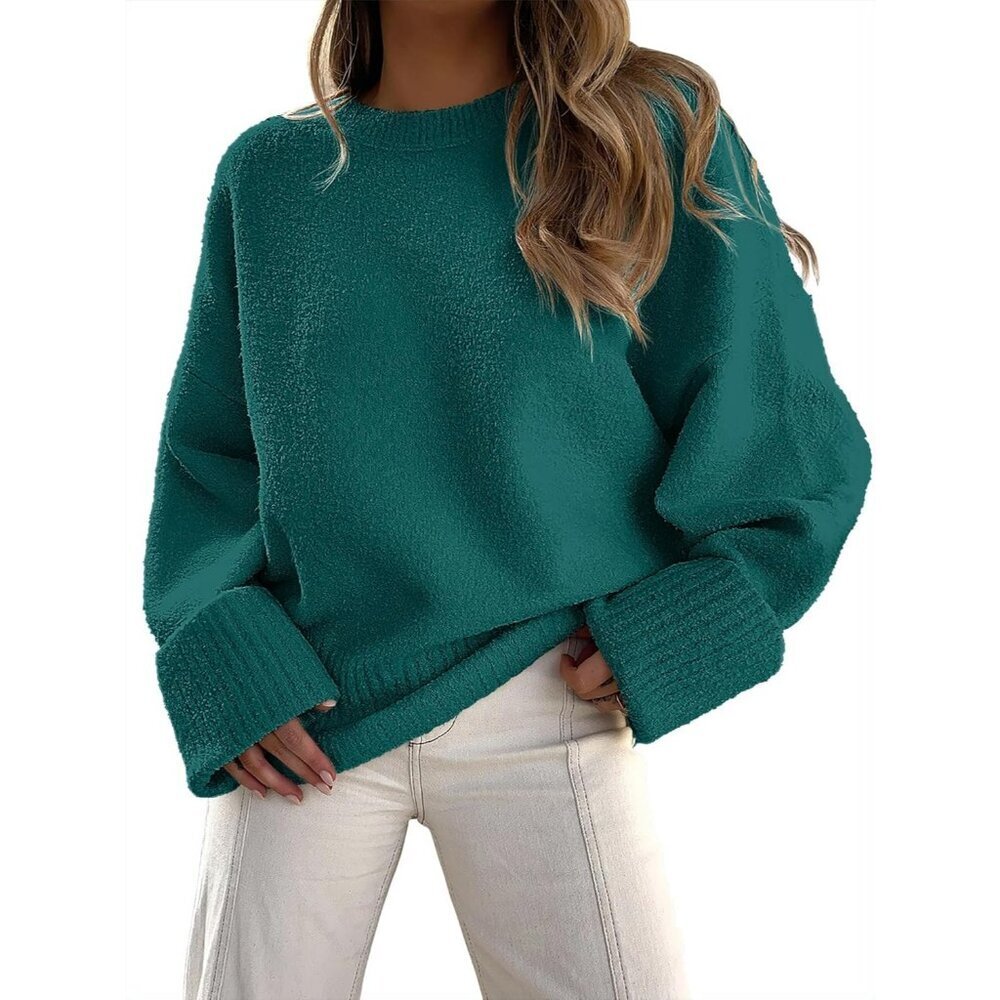 Women's Dark Green Oversized Long Sleeve Casual Fuzzy Knit Sweater
